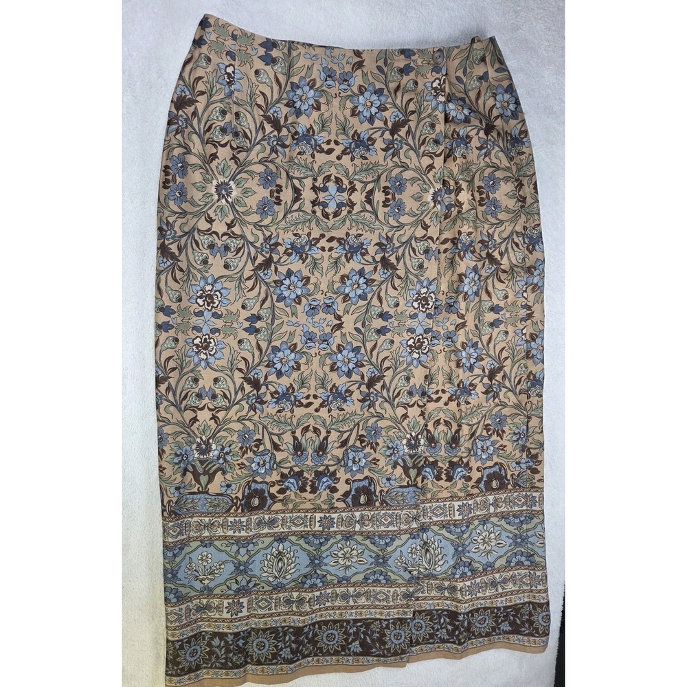 Charter Club 100% Linen Midi Skirt Womens 14 Blue Floral Border Print Lined